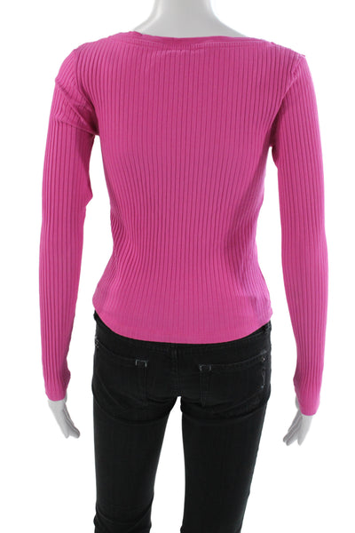 Zara Womens Basic Ribbed Knit Square Neck Long Sleeve Blouse Pink Size M