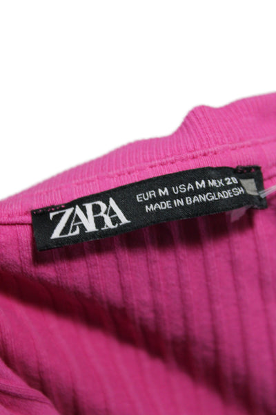 Zara Womens Basic Ribbed Knit Square Neck Long Sleeve Blouse Pink Size M