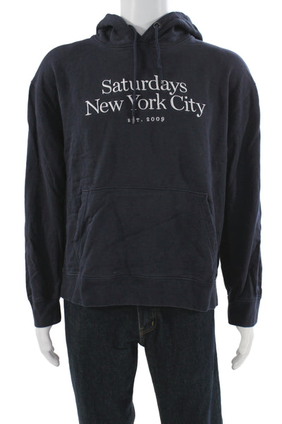 Saturdays NYC Mens Pullover Hoodie Blue Graphic Cotton Drawstring Size L