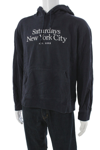 Saturdays NYC Mens Pullover Hoodie Blue Graphic Cotton Drawstring Size L