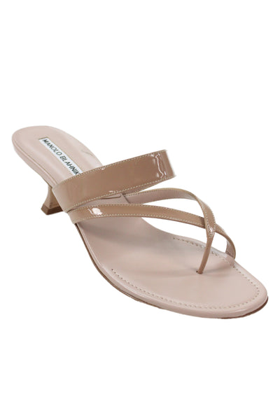 Manolo Blahnik Womens Shiny Leather Slip On Heels Sandals Shoes Nude Size 8