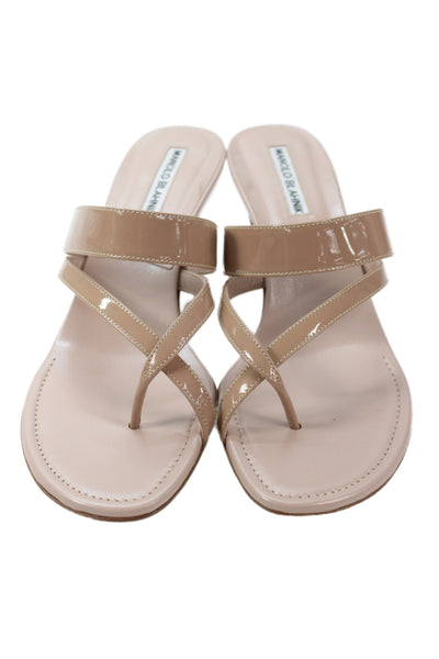 Manolo Blahnik Womens Shiny Leather Slip On Heels Sandals Shoes Nude Size 8