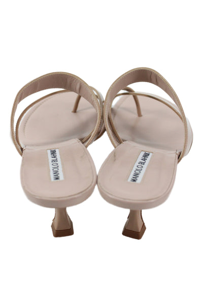 Manolo Blahnik Womens Shiny Leather Slip On Heels Sandals Shoes Nude Size 8