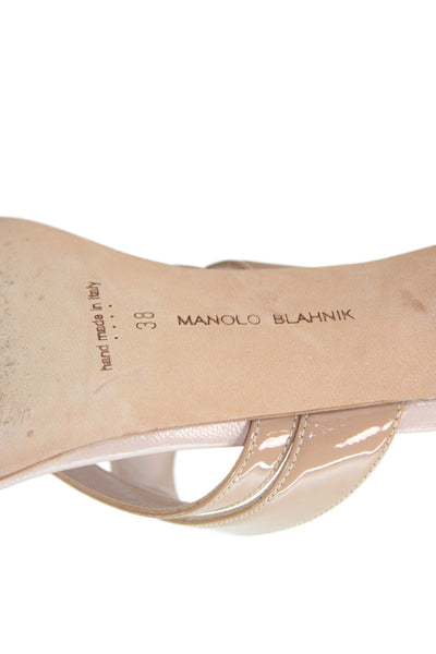 Manolo Blahnik Womens Shiny Leather Slip On Heels Sandals Shoes Nude Size 8