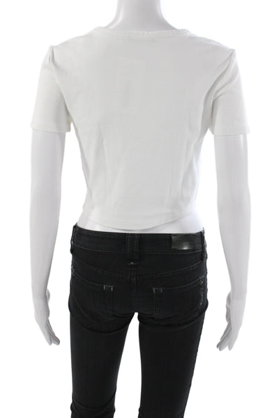 Zara Women White Basic Crew Neck 98% Cotton Short Sleeve T-Shirt Size L