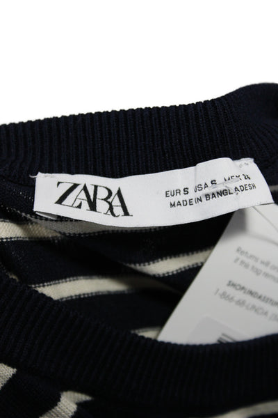 Zara Womens Pullover Striped Crew Neck Sweater Short Sleeve Blue Size S