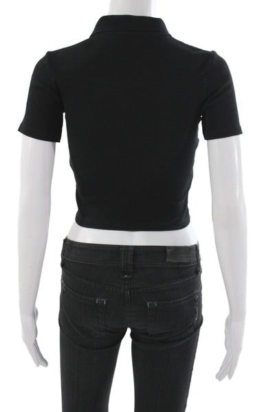 Zara Women Cropped Collared Polo Short Sleeve Black Top Size M