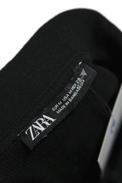 Zara Women Cropped Collared Polo Short Sleeve Black Top Size M