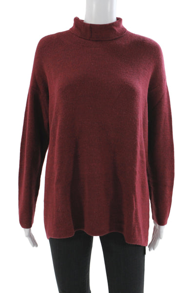 Eileen Fisher Women Red Merino Wool Mock Neck Pullover Sweater Size L