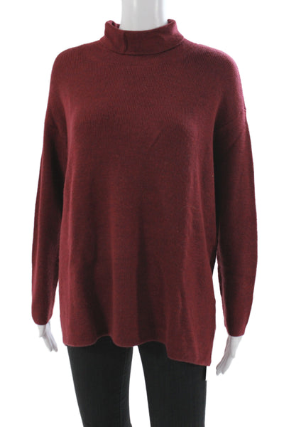 Eileen Fisher Women Red Merino Wool Mock Neck Pullover Sweater Size L