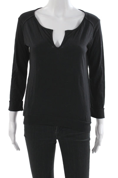 C&C California Women Basic Black V-Neck 3/4 Sleeve Cotton T-Shirt Size S