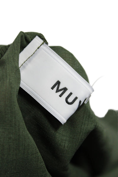 Muveil Women A-Line Linen Skirt Green Solid Summer Size S
