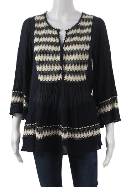 Calypso Womens Black Geometric V Neck Tunic Blouse 3/4 Sleeve Cotton Size S