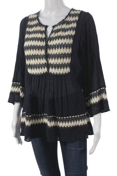 Calypso Womens Black Geometric V Neck Tunic Blouse 3/4 Sleeve Cotton Size S
