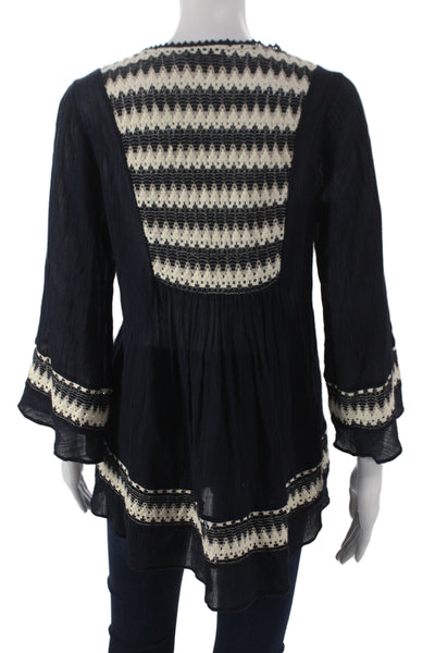Calypso Womens Black Geometric V Neck Tunic Blouse 3/4 Sleeve Cotton Size S
