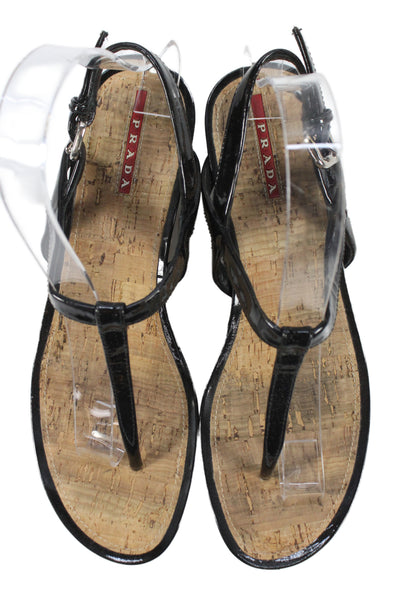 Prada Womens Leather Wooden Detail Ankle Strap Sandals Brown Black Size 9