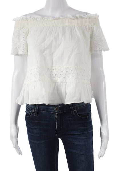 Misa Womens Cropped Off Shoulder Linen Blouse Short Sleeve White Boho Size S