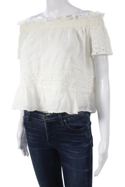 Misa Womens Cropped Off Shoulder Linen Blouse Short Sleeve White Boho Size S