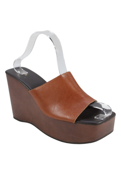 Zara Womens Faux Leather Square Open Toe Wedge Platform Heels Brown Sz 8