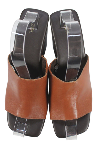 Zara Womens Faux Leather Square Open Toe Wedge Platform Heels Brown Sz 8