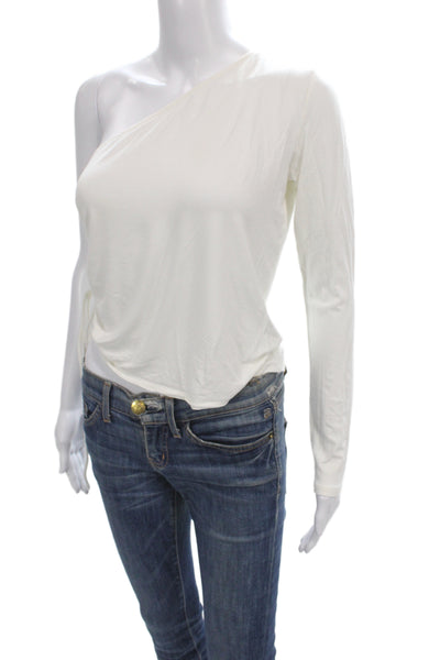 Hours Womens White Rayon One Shoulder Jersey Blouse Long Sleeve Size S
