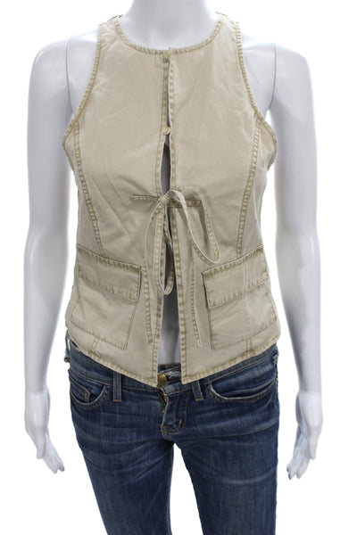 Zara Womens Military Vest Beige Cotton Sleeveless Button Size S