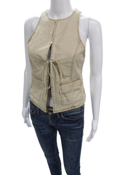 Zara Womens Military Vest Beige Cotton Sleeveless Button Size S