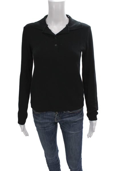Zara Women Black Long Sleeve Collared Basic Polo Shirt Size S