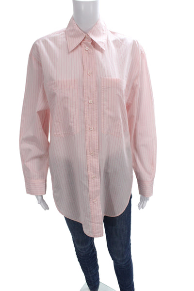 Zara Women Collared Striped Basic Button-Up Pink Long Sleeve Size S