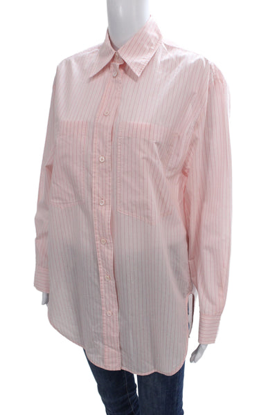 Zara Women Collared Striped Basic Button-Up Pink Long Sleeve Size S