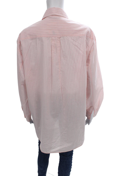 Zara Women Collared Striped Basic Button-Up Pink Long Sleeve Size S