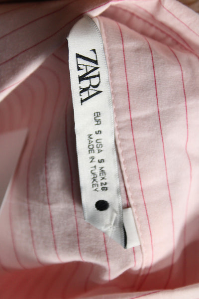 Zara Women Collared Striped Basic Button-Up Pink Long Sleeve Size S