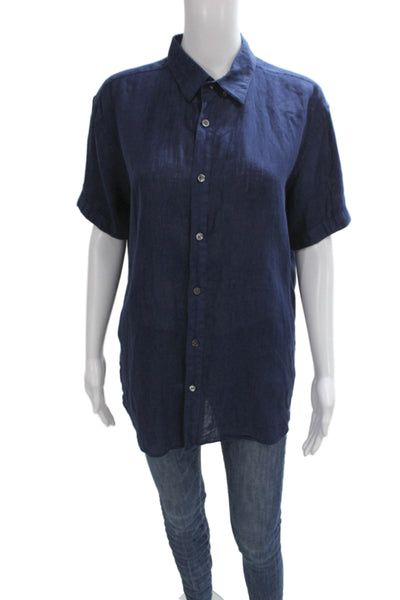 Theory Womens Basic Linen Collared Button Up Short Sleeve Blue Size M