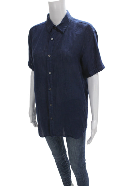 Theory Womens Basic Linen Collared Button Up Short Sleeve Blue Size M