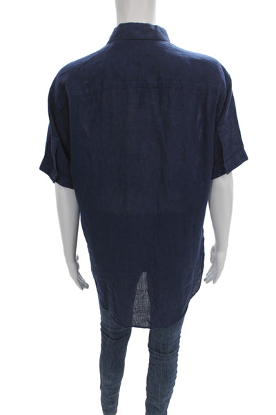 Theory Womens Basic Linen Collared Button Up Short Sleeve Blue Size M