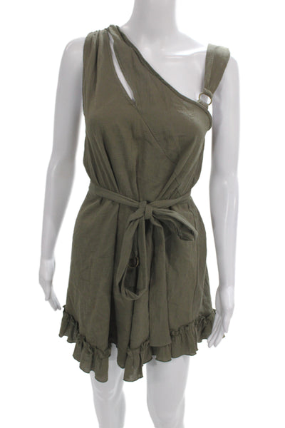 Three Of Something Womens Mini One Shoulder Cotton Dress Green Size XS