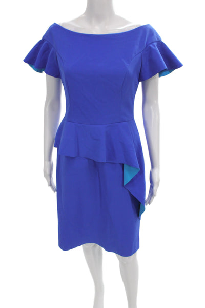 Rickie Freeman Teri Jon Womens Sheath Dress Blue Off Shoulder Size 8