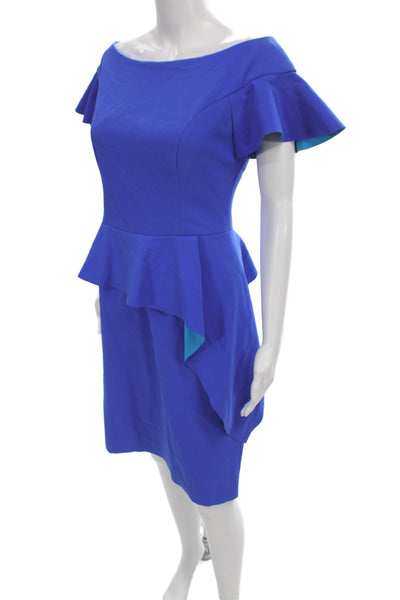 Rickie Freeman Teri Jon Womens Sheath Dress Blue Off Shoulder Size 8