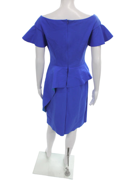 Rickie Freeman Teri Jon Womens Sheath Dress Blue Off Shoulder Size 8