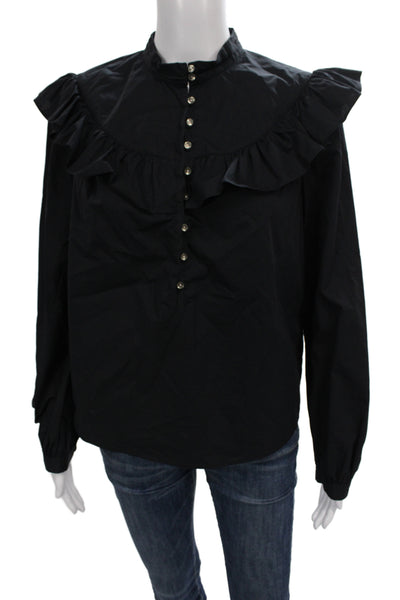 La Vie Womens Basic Black Cotton High Neck Long Sleeve Blouse Size S