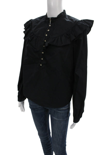 La Vie Womens Basic Black Cotton High Neck Long Sleeve Blouse Size S