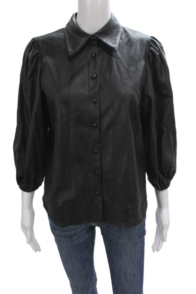 Zara Womens Black Faux Leather Collared Basic 3/4 Sleeve Blouse Size S
