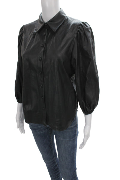Zara Womens Black Faux Leather Collared Basic 3/4 Sleeve Blouse Size S