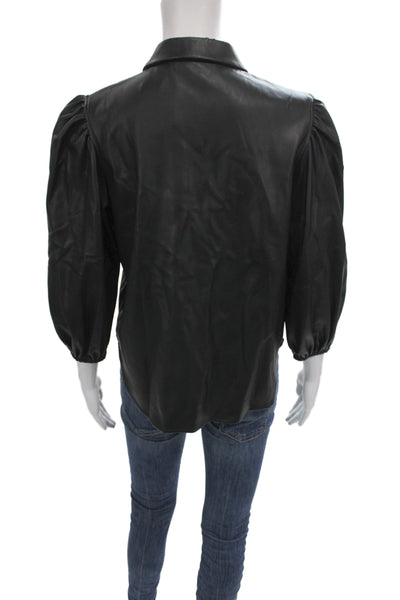 Zara Womens Black Faux Leather Collared Basic 3/4 Sleeve Blouse Size S