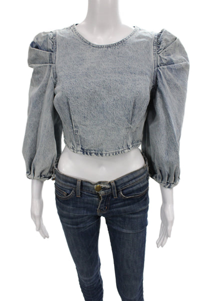 Zara Women Cropped Cotton Blouse 3/4 Sleeve Round Neck Solid Blue Zip Size S