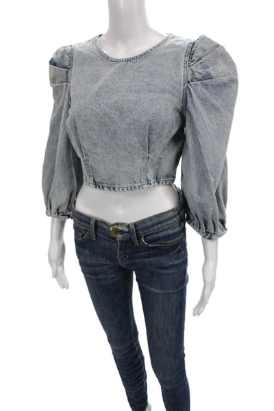 Zara Women Cropped Cotton Blouse 3/4 Sleeve Round Neck Solid Blue Zip Size S