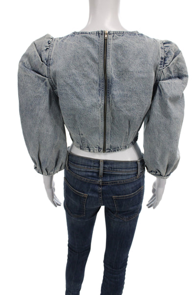 Zara Women Cropped Cotton Blouse 3/4 Sleeve Round Neck Solid Blue Zip Size S