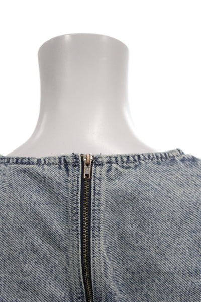 Zara Women Cropped Cotton Blouse 3/4 Sleeve Round Neck Solid Blue Zip Size S