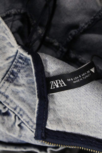 Zara Women Cropped Cotton Blouse 3/4 Sleeve Round Neck Solid Blue Zip Size S