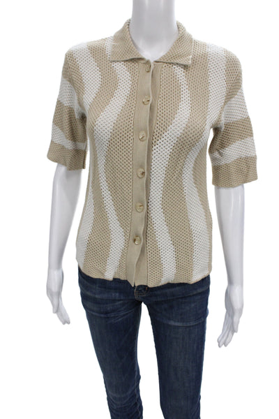Seven Wonders Women Button-Up Striped Beige Collared Short Sleeve Top Size XS